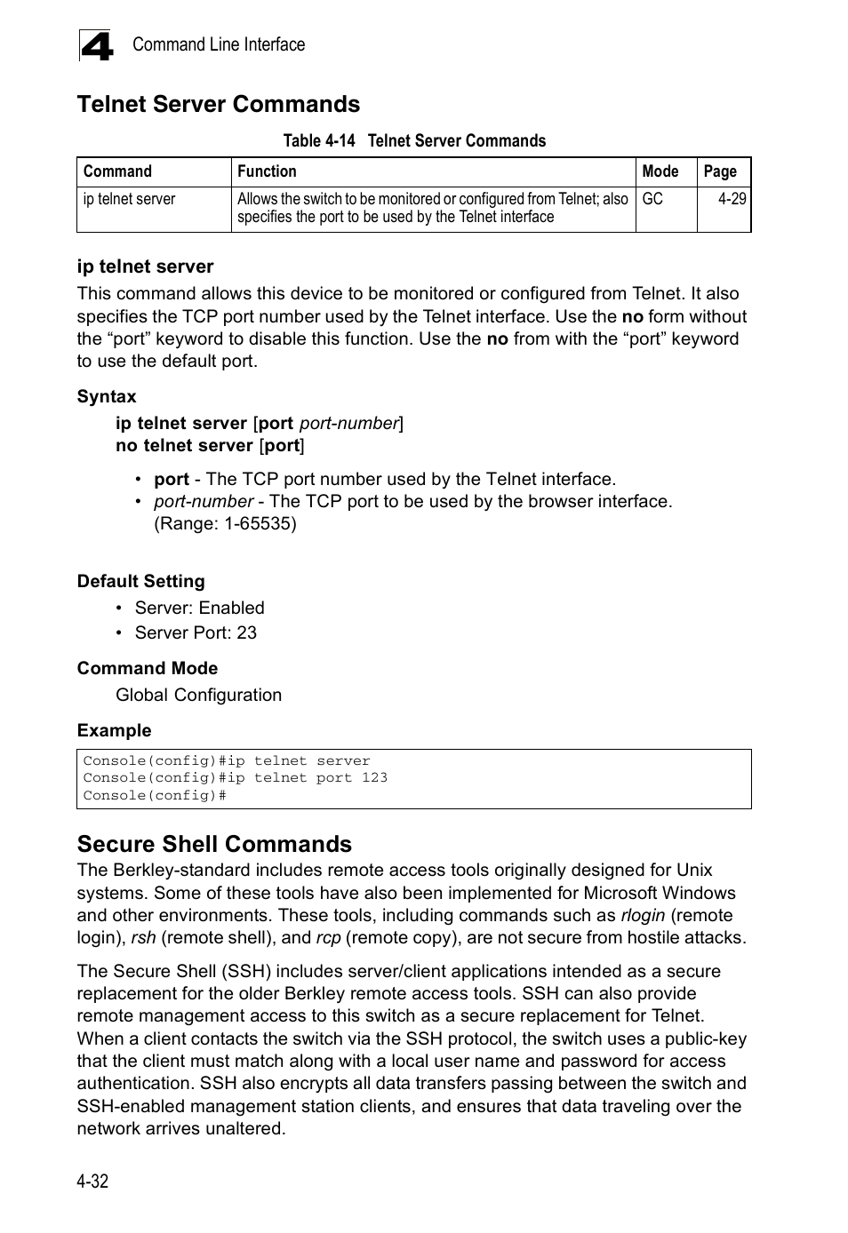 Telnet server commands, Ip telnet server, Secure shell commands | Table 4-14 | Accton Technology ES5508 User Manual | Page 244 / 446