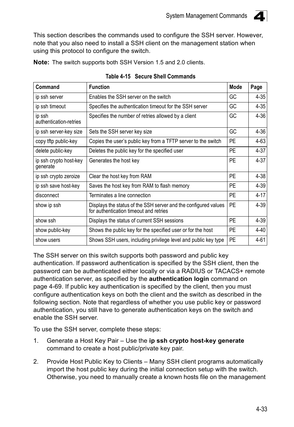 Table 4-15, Secure shell commands | Accton Technology ES5508 User Manual | Page 245 / 446