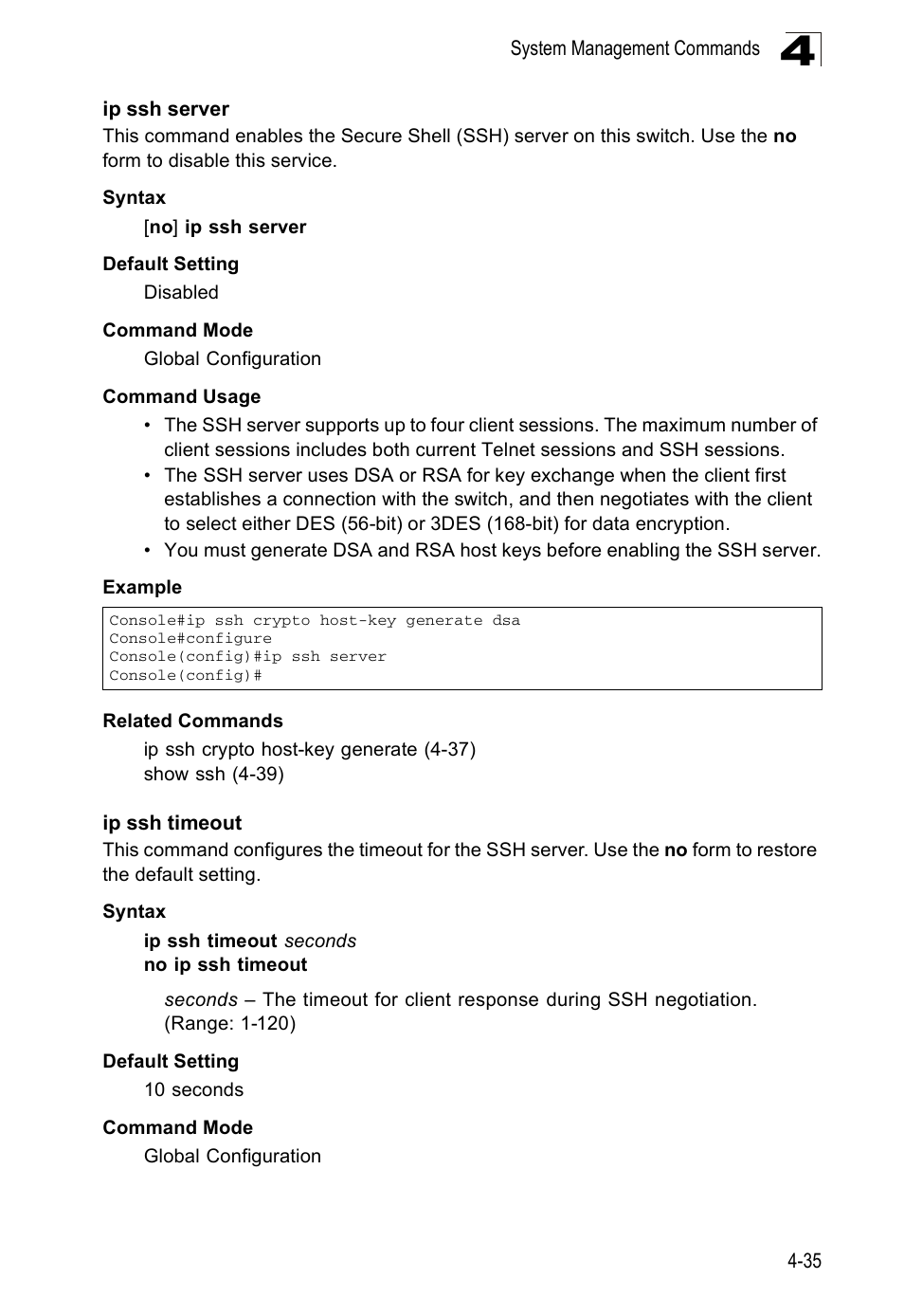 Ip ssh server, Ip ssh timeout | Accton Technology ES5508 User Manual | Page 247 / 446