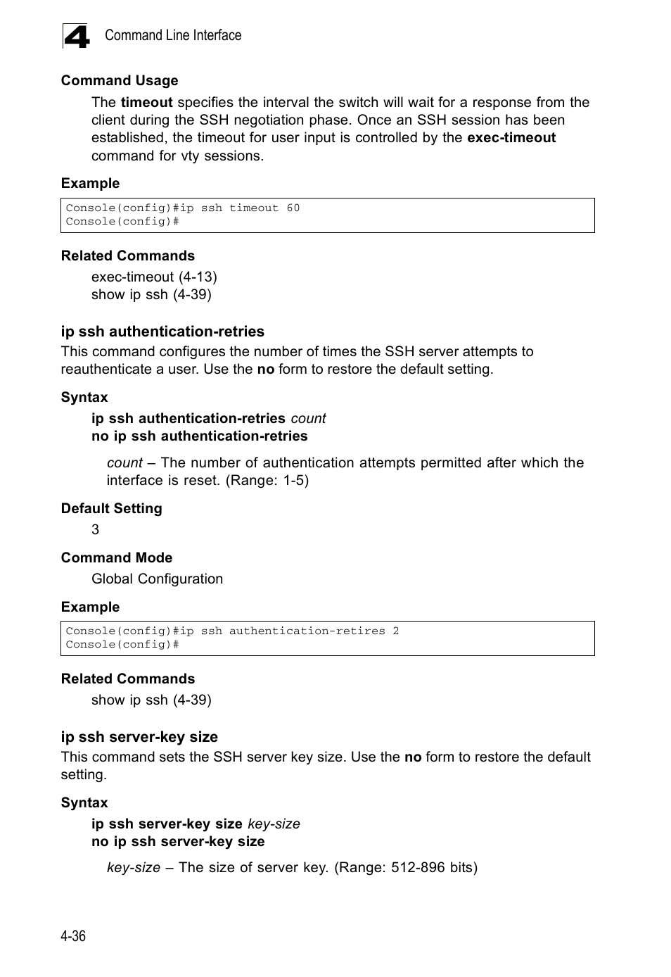 Ip ssh authentication-retries, Ip ssh server-key size | Accton Technology ES5508 User Manual | Page 248 / 446