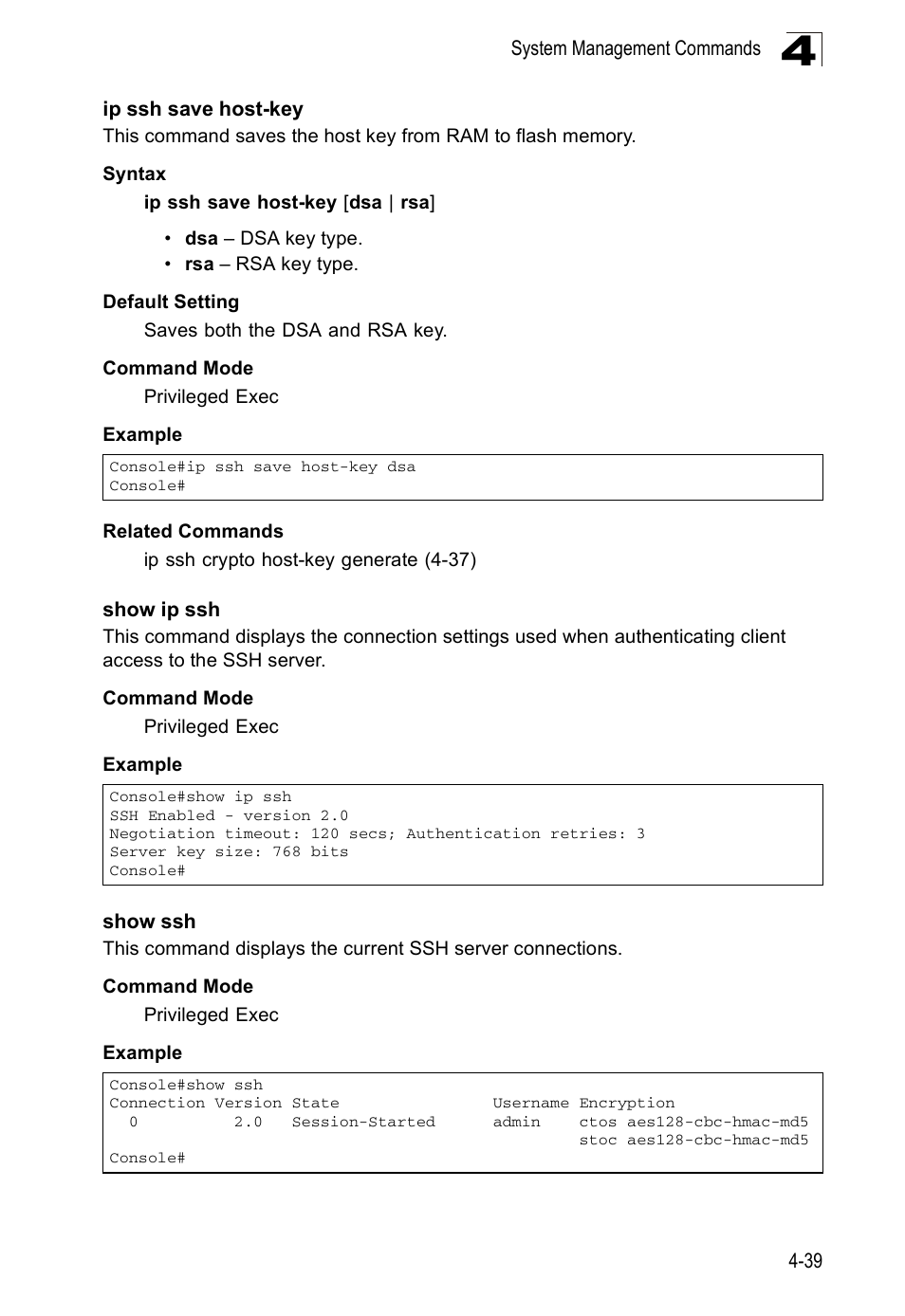 Ip ssh save host-key, Show ip ssh, Show ssh | Ip ssh, Save host-key, Ip ssh save host-key (4-39) | Accton Technology ES5508 User Manual | Page 251 / 446
