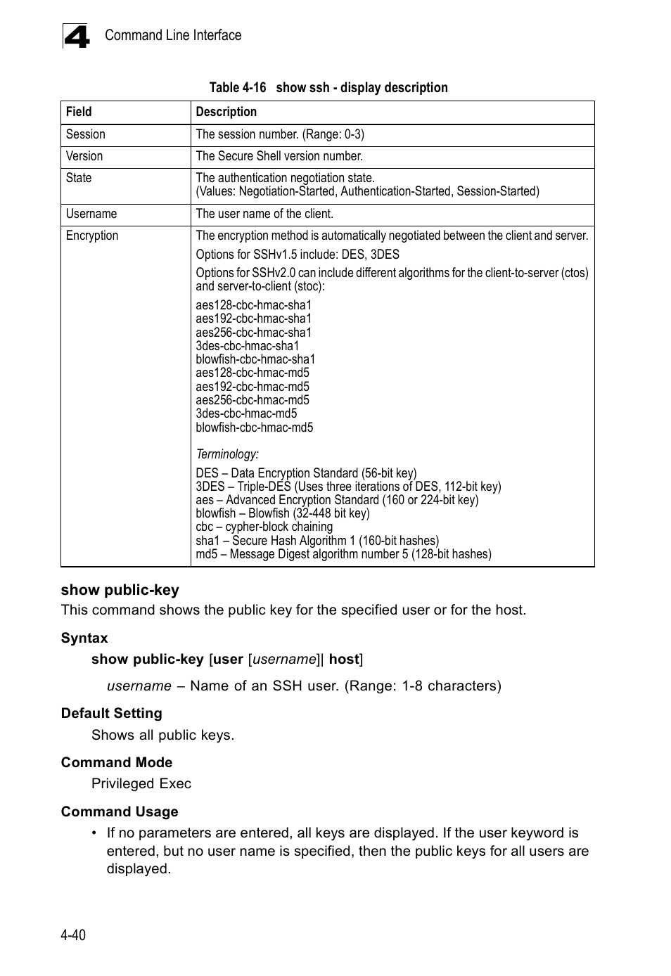 Show public-key, Table 4-16, Show ssh - display description | Accton Technology ES5508 User Manual | Page 252 / 446