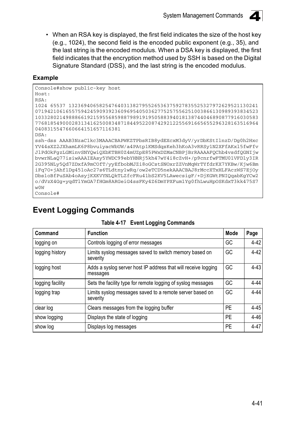 Event logging commands, Table 4-17 | Accton Technology ES5508 User Manual | Page 253 / 446