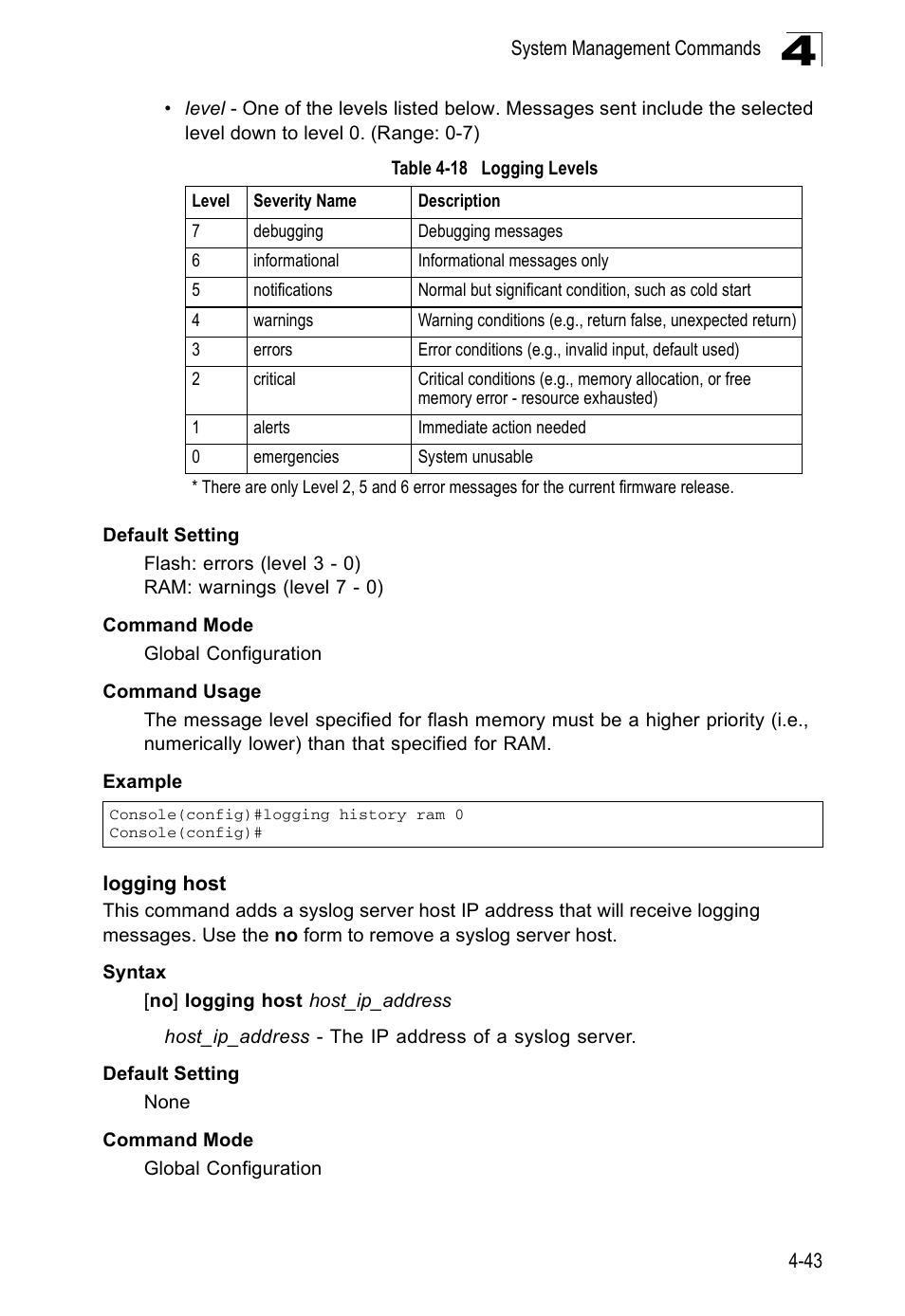 Logging host, Table 4-18, Logging levels | Accton Technology ES5508 User Manual | Page 255 / 446