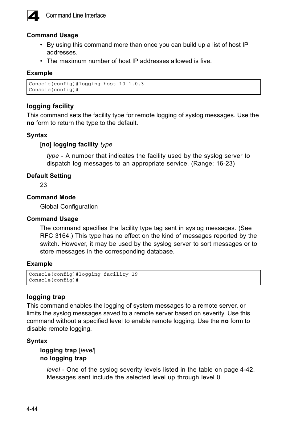 Logging facility, Logging trap | Accton Technology ES5508 User Manual | Page 256 / 446