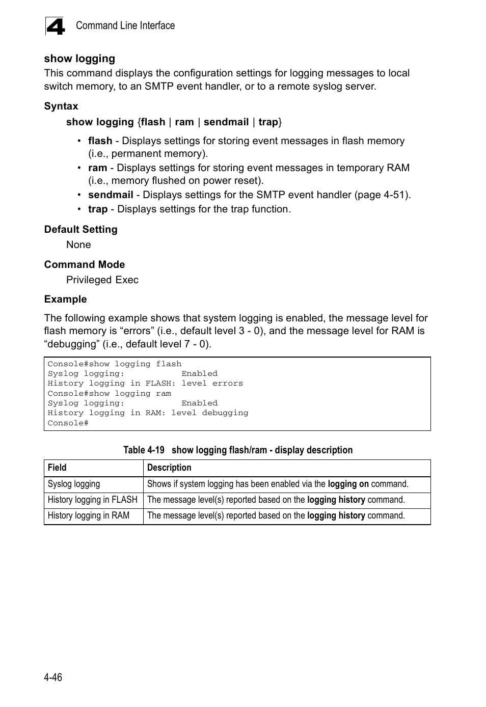 Show logging, Table 4-19, Show logging flash/ram - display description | Accton Technology ES5508 User Manual | Page 258 / 446