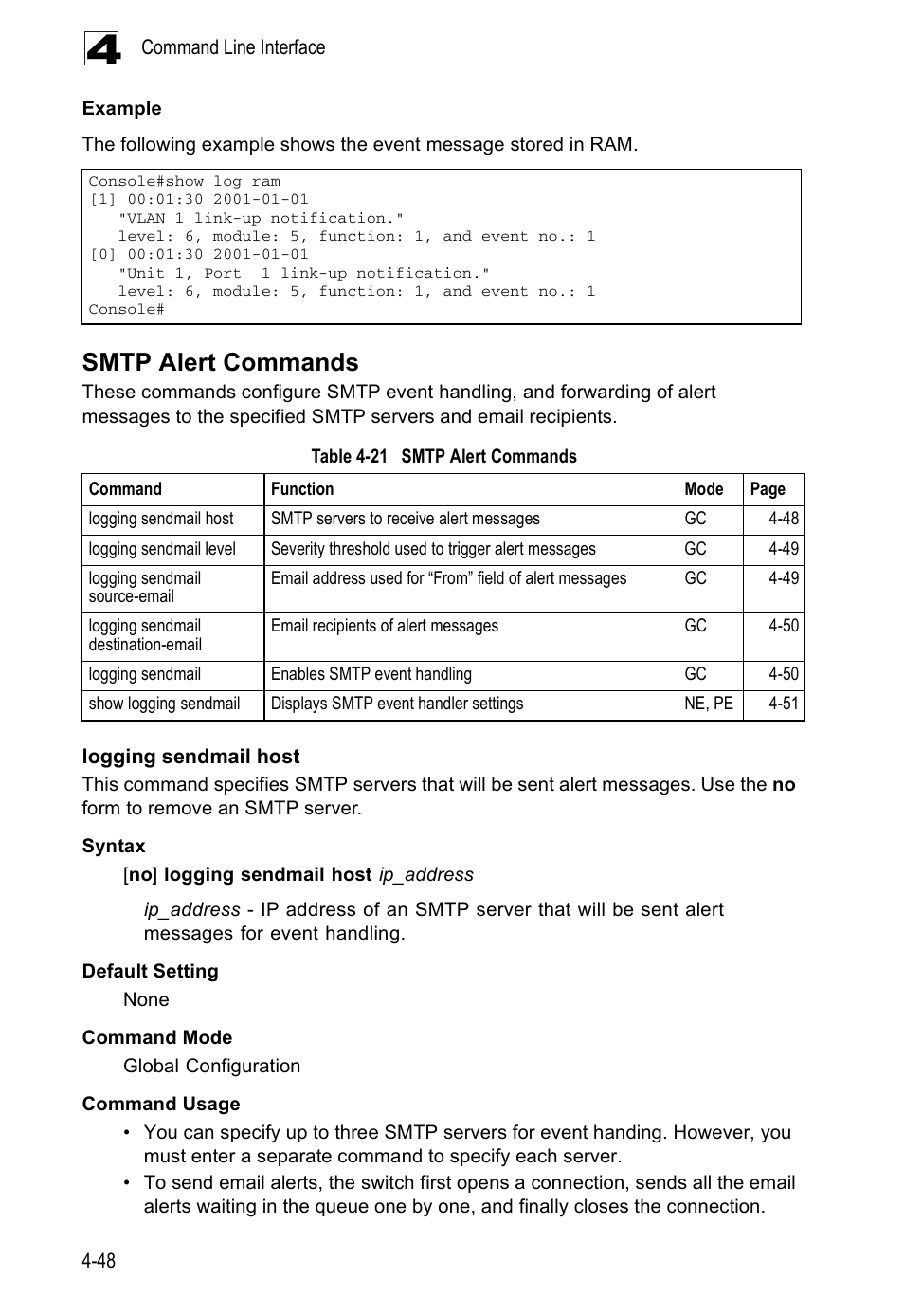 Smtp alert commands, Logging sendmail host, Table 4-21 | Accton Technology ES5508 User Manual | Page 260 / 446