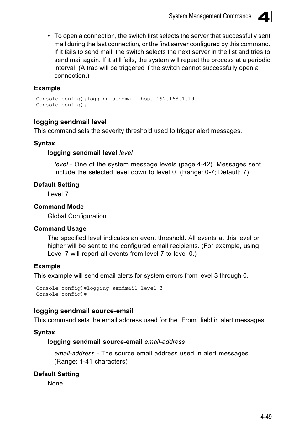 Logging sendmail level, Logging sendmail source-email | Accton Technology ES5508 User Manual | Page 261 / 446