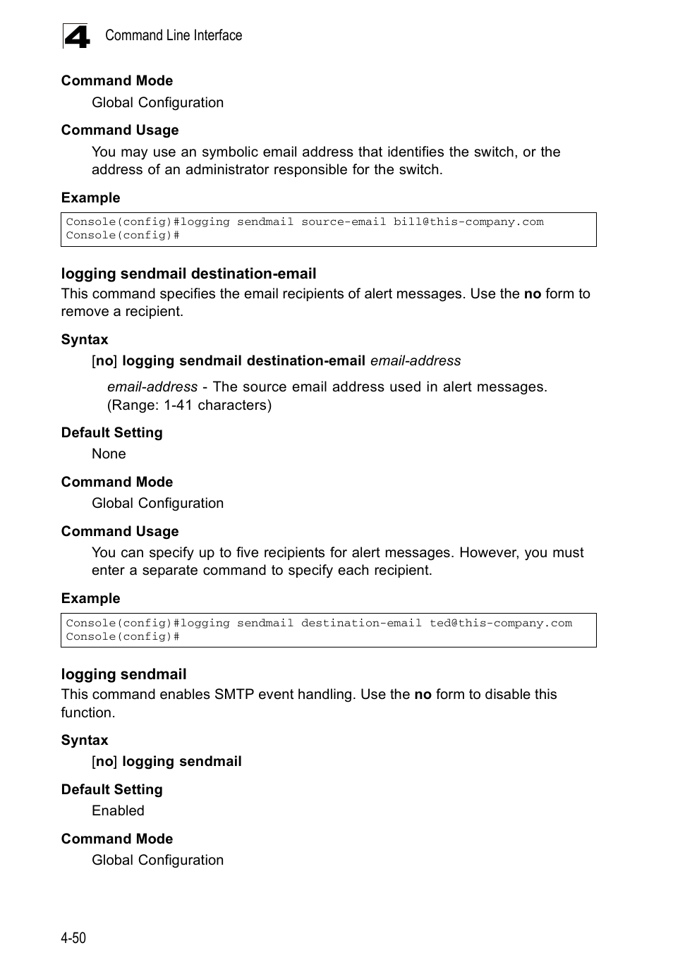 Logging sendmail destination-email, Logging sendmail | Accton Technology ES5508 User Manual | Page 262 / 446