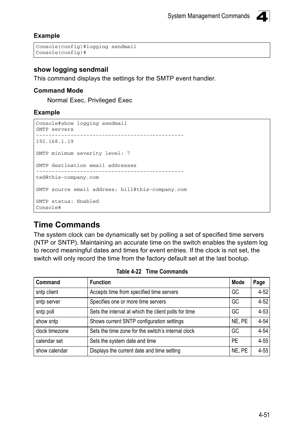 Show logging sendmail, Time commands, Table 4-22 | Accton Technology ES5508 User Manual | Page 263 / 446