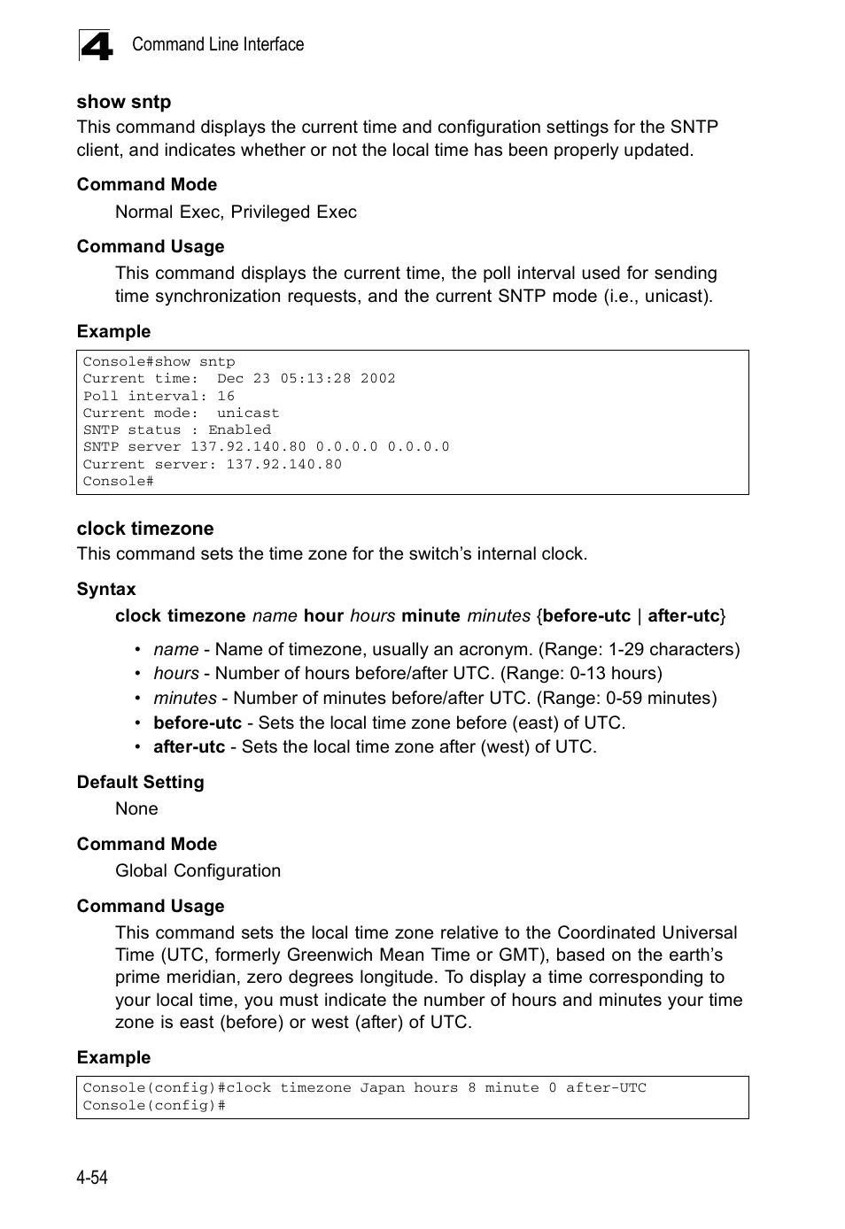 Show sntp, Clock timezone, Show sntp (4-54) | Accton Technology ES5508 User Manual | Page 266 / 446