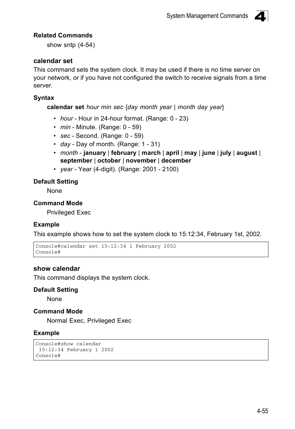 Calendar set, Show calendar | Accton Technology ES5508 User Manual | Page 267 / 446