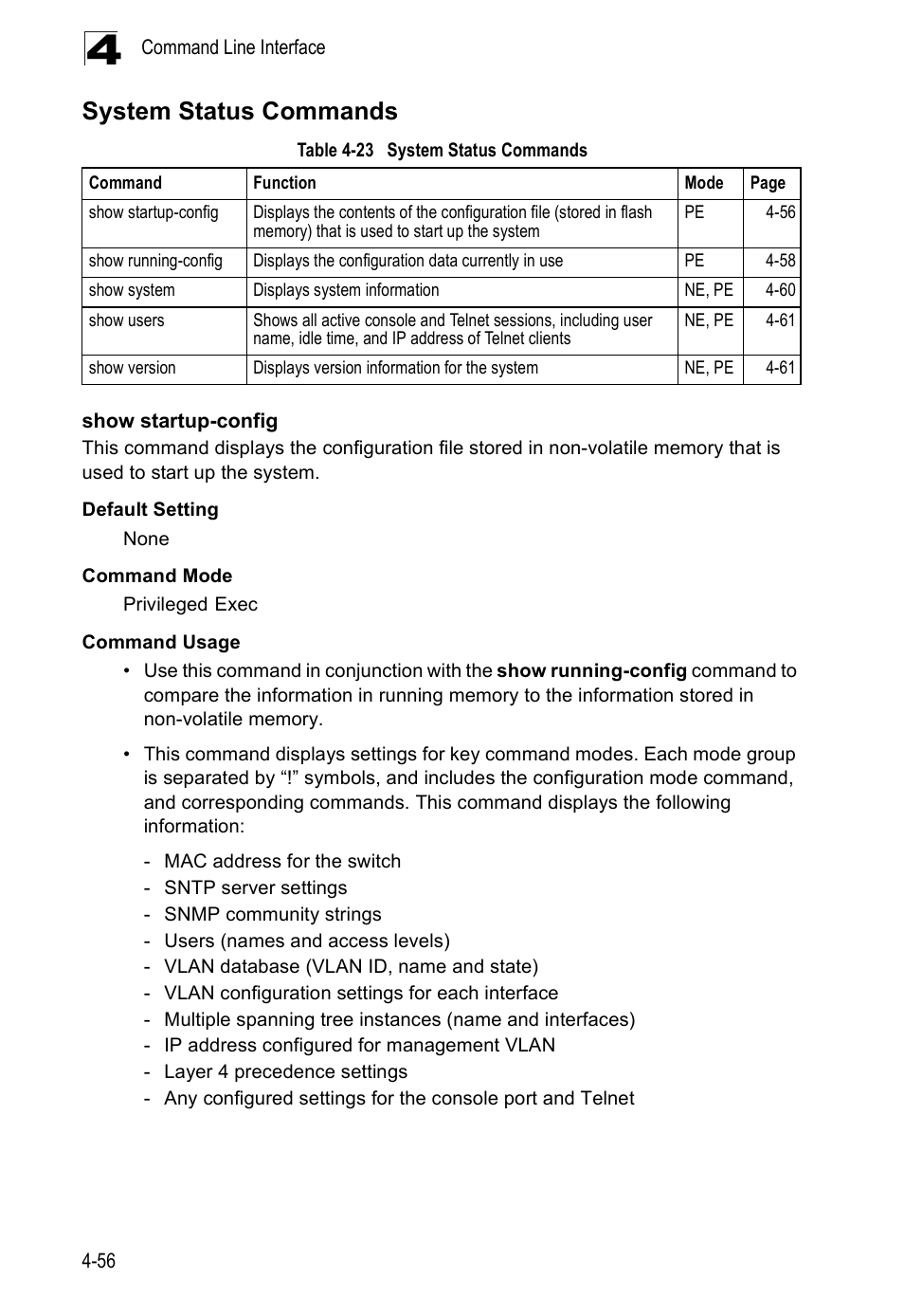 System status commands, Show startup-config, Table 4-23 | Accton Technology ES5508 User Manual | Page 268 / 446