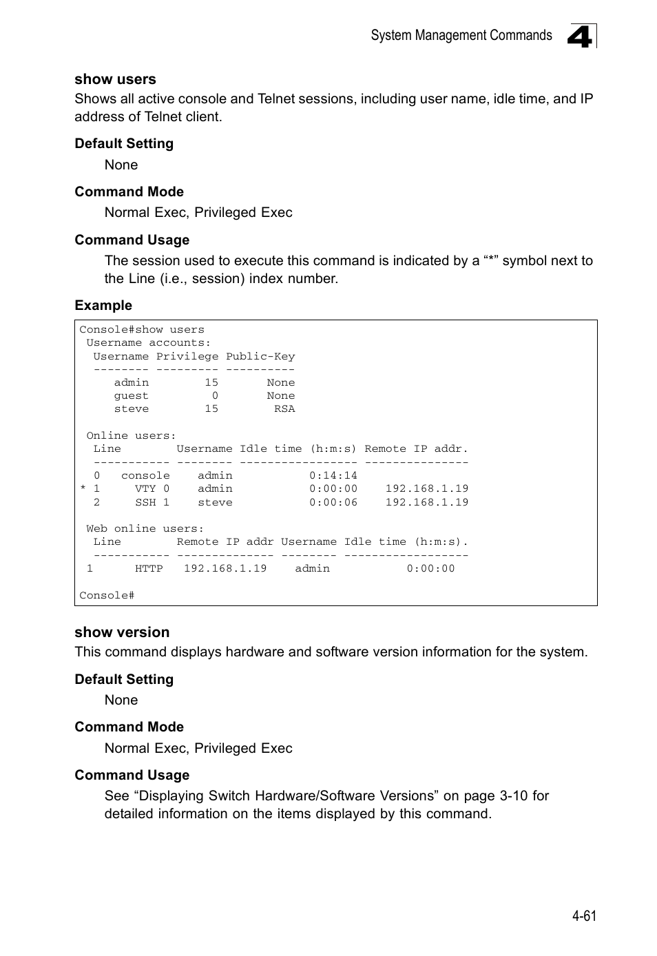 Show users, Show version, Show users (4-61) | Accton Technology ES5508 User Manual | Page 273 / 446