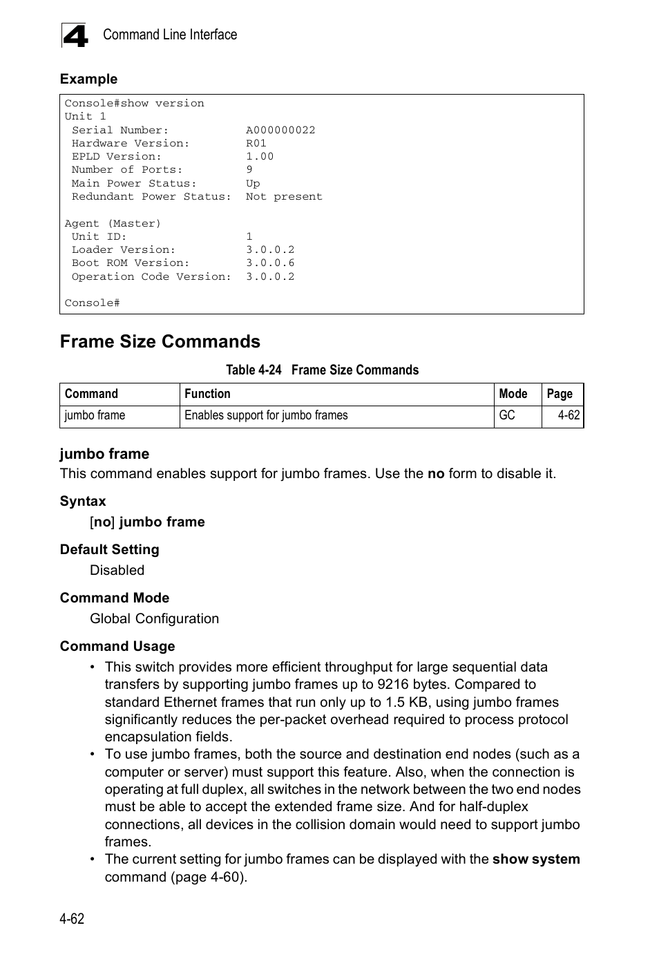 Frame size commands, Jumbo frame, Table 4-24 | Accton Technology ES5508 User Manual | Page 274 / 446