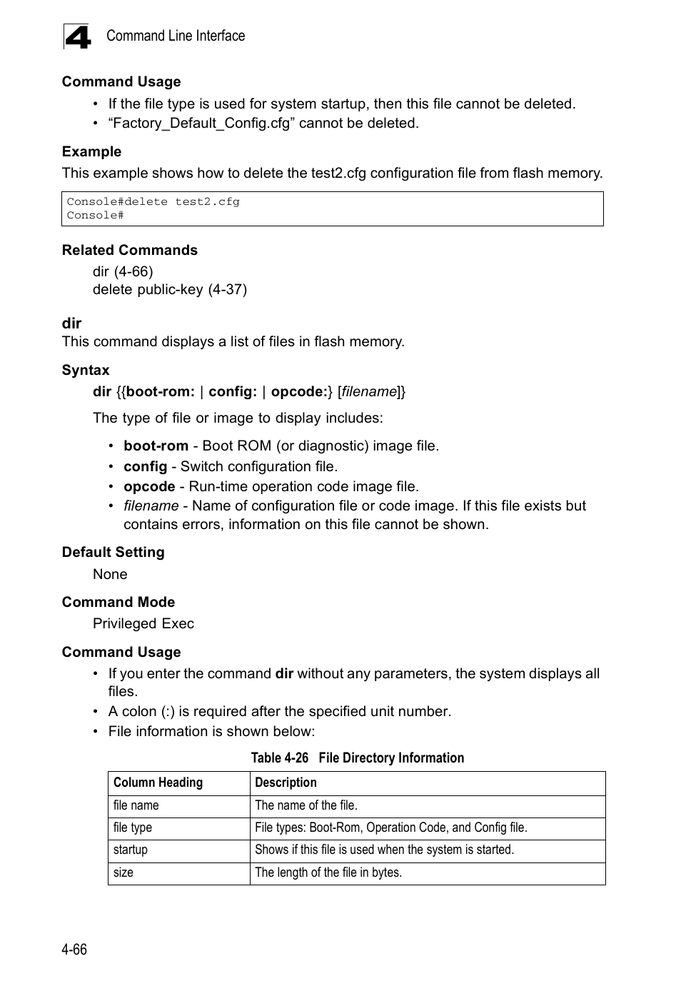 Dir 4-66, Table 4-26, File directory information | Accton Technology ES5508 User Manual | Page 278 / 446