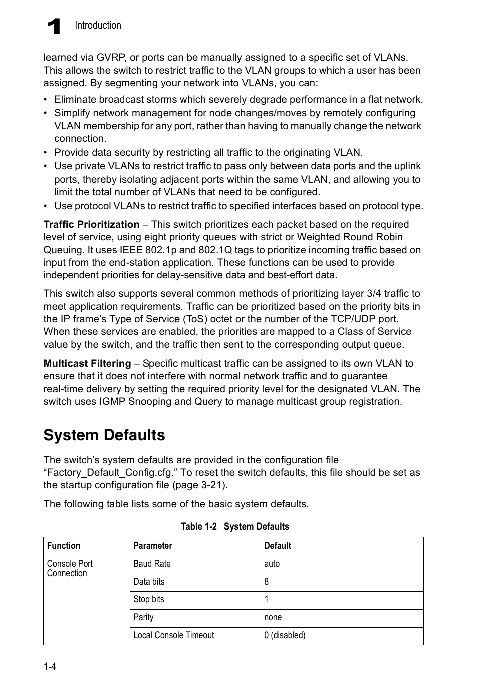 System defaults, Table 1-2 | Accton Technology ES5508 User Manual | Page 28 / 446