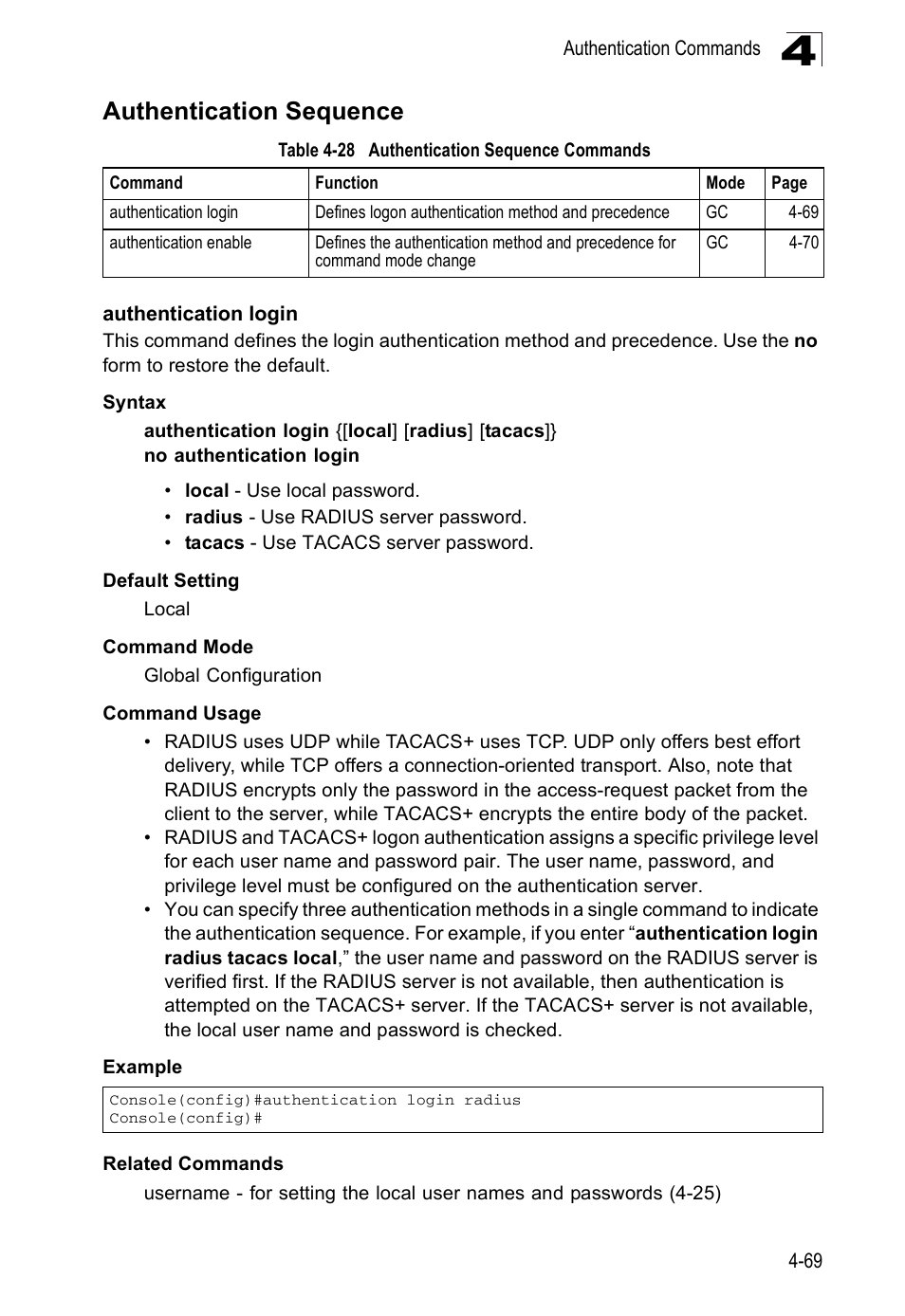 Authentication sequence, Authentication login, Table 4-28 | Authentication sequence commands | Accton Technology ES5508 User Manual | Page 281 / 446