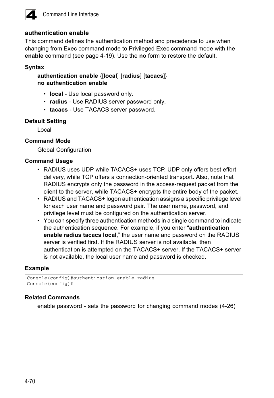 Authentication enable, Authentication enable (4-70) | Accton Technology ES5508 User Manual | Page 282 / 446