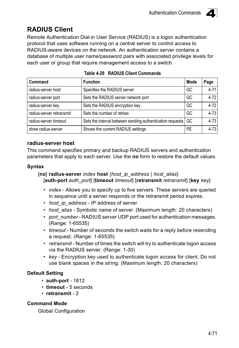 Radius client, Radius-server host, Table 4-29 | Radius client commands | Accton Technology ES5508 User Manual | Page 283 / 446