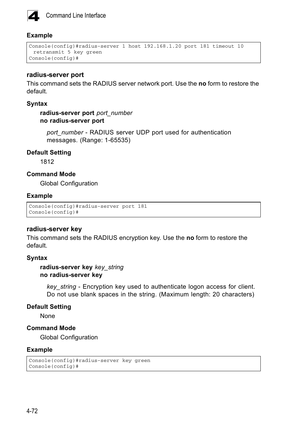 Radius-server port, Radius-server key | Accton Technology ES5508 User Manual | Page 284 / 446