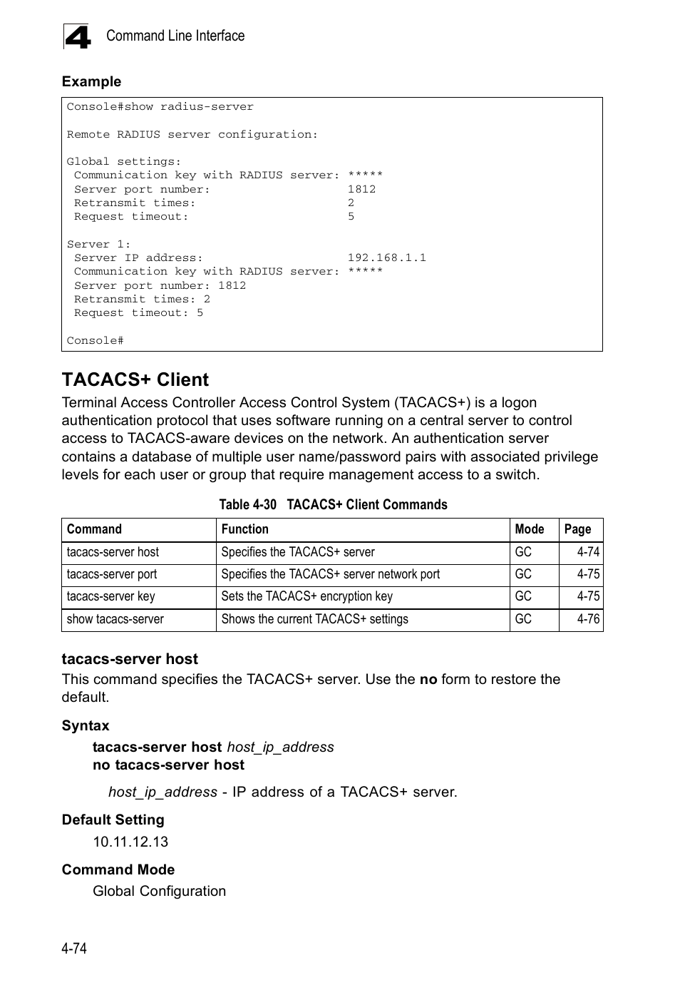 Tacacs+ client, Tacacs-server host, Table 4-30 | Tacacs+ client commands | Accton Technology ES5508 User Manual | Page 286 / 446