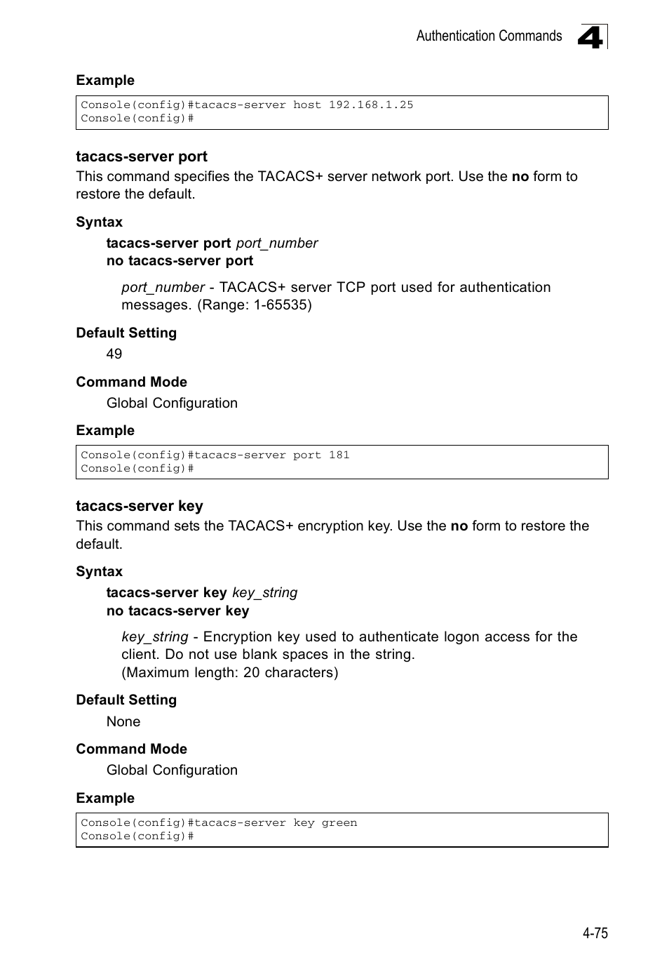 Tacacs-server port, Tacacs-server key | Accton Technology ES5508 User Manual | Page 287 / 446