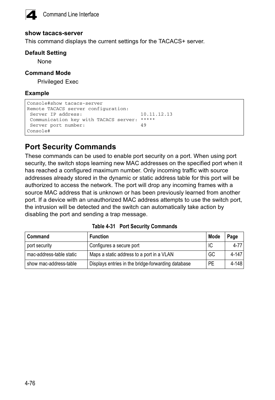 Show tacacs-server, Port security commands, Table 4-31 | Accton Technology ES5508 User Manual | Page 288 / 446