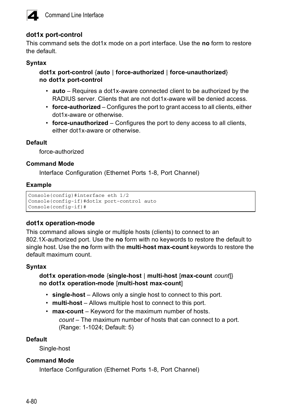 Dot1x port-control, Dot1x operation-mode | Accton Technology ES5508 User Manual | Page 292 / 446