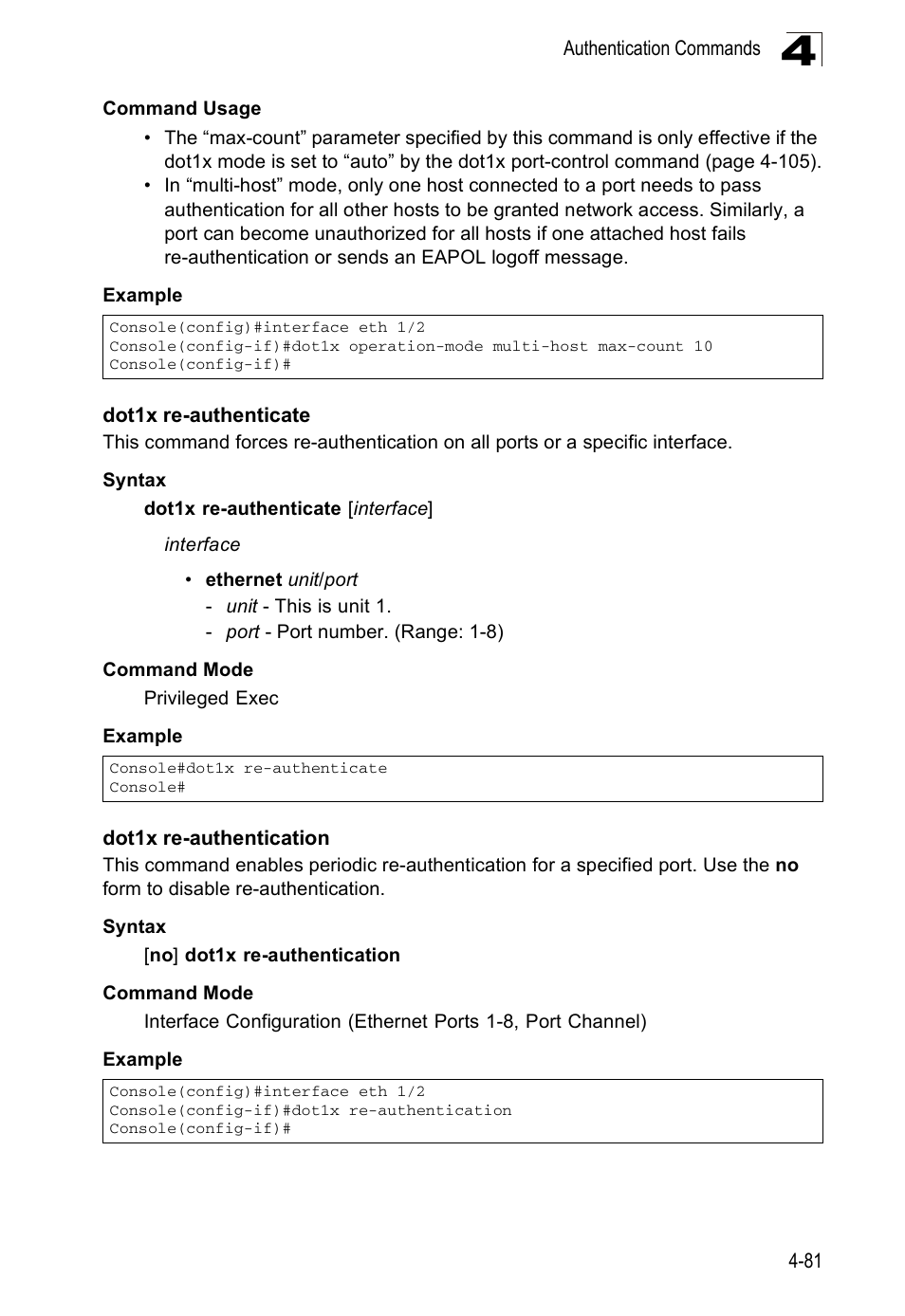 Dot1x re-authenticate, Dot1x re-authentication | Accton Technology ES5508 User Manual | Page 293 / 446