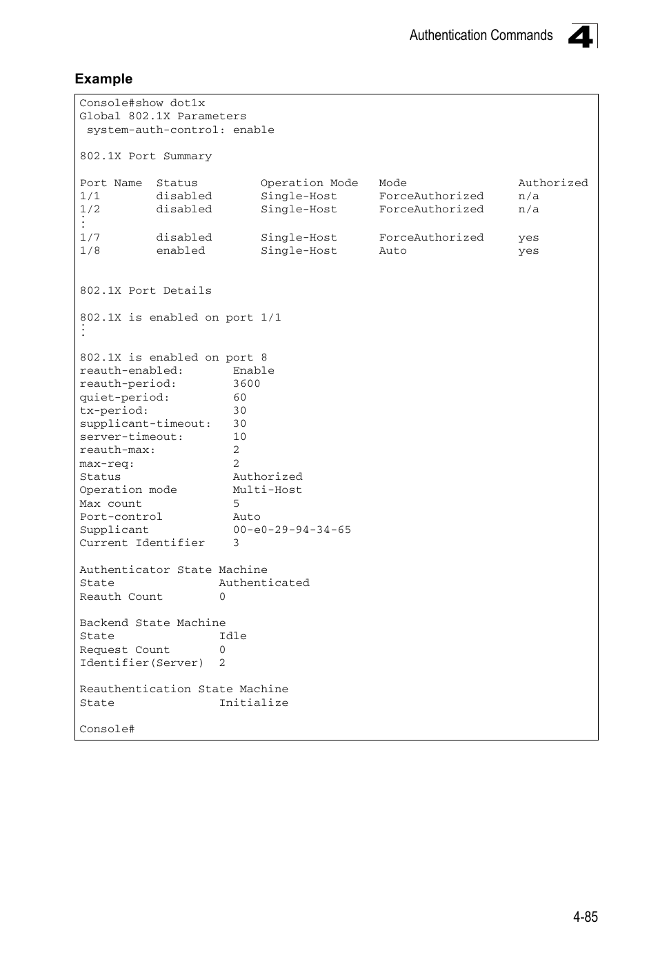 Authentication commands 4-85, Example | Accton Technology ES5508 User Manual | Page 297 / 446