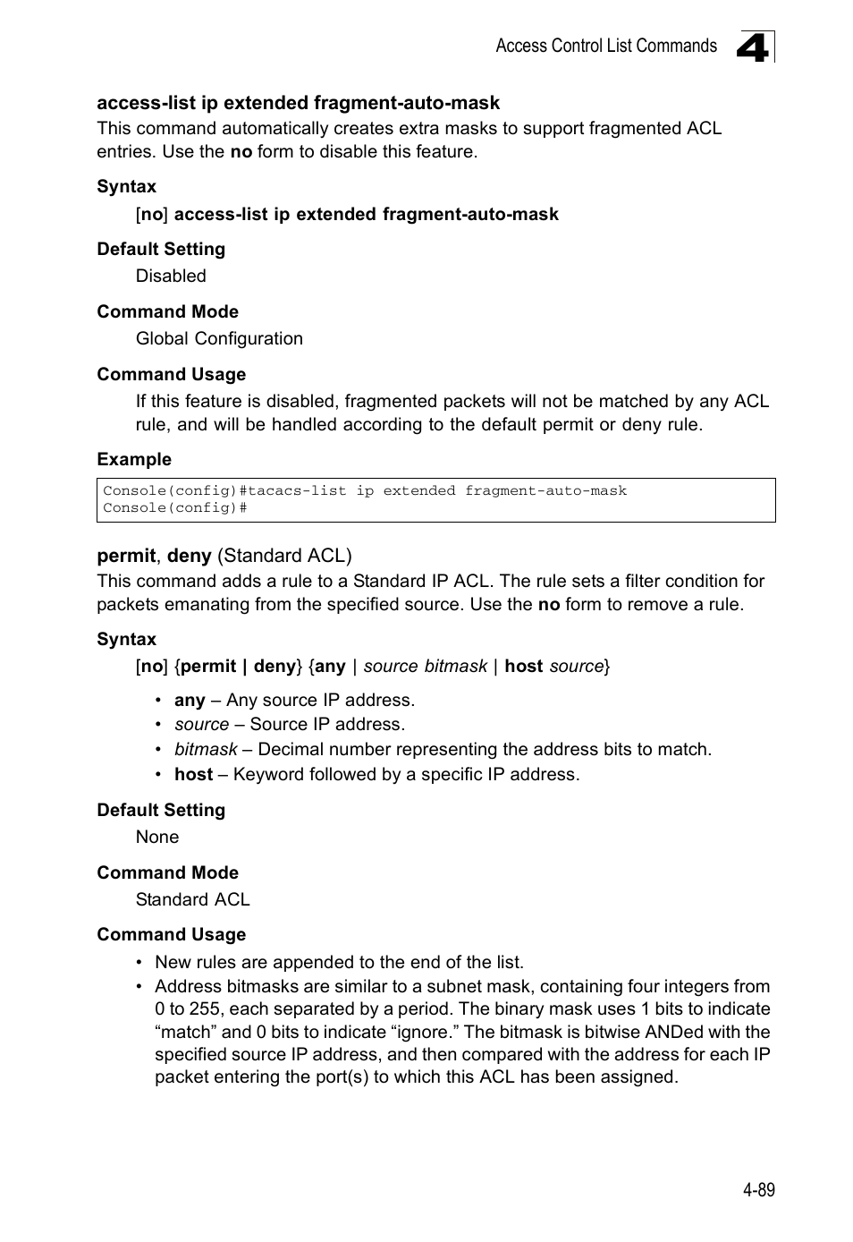 Access-list ip extended fragment-auto-mask, Permit, deny (standard acl), Ny 4-89 | Accton Technology ES5508 User Manual | Page 301 / 446