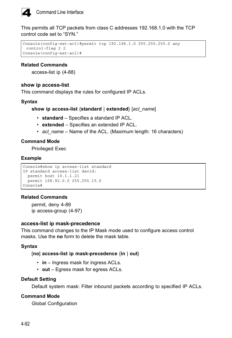 Show ip access-list, Access-list ip mask-precedence, Show ip access-list (4-92) | Accton Technology ES5508 User Manual | Page 304 / 446