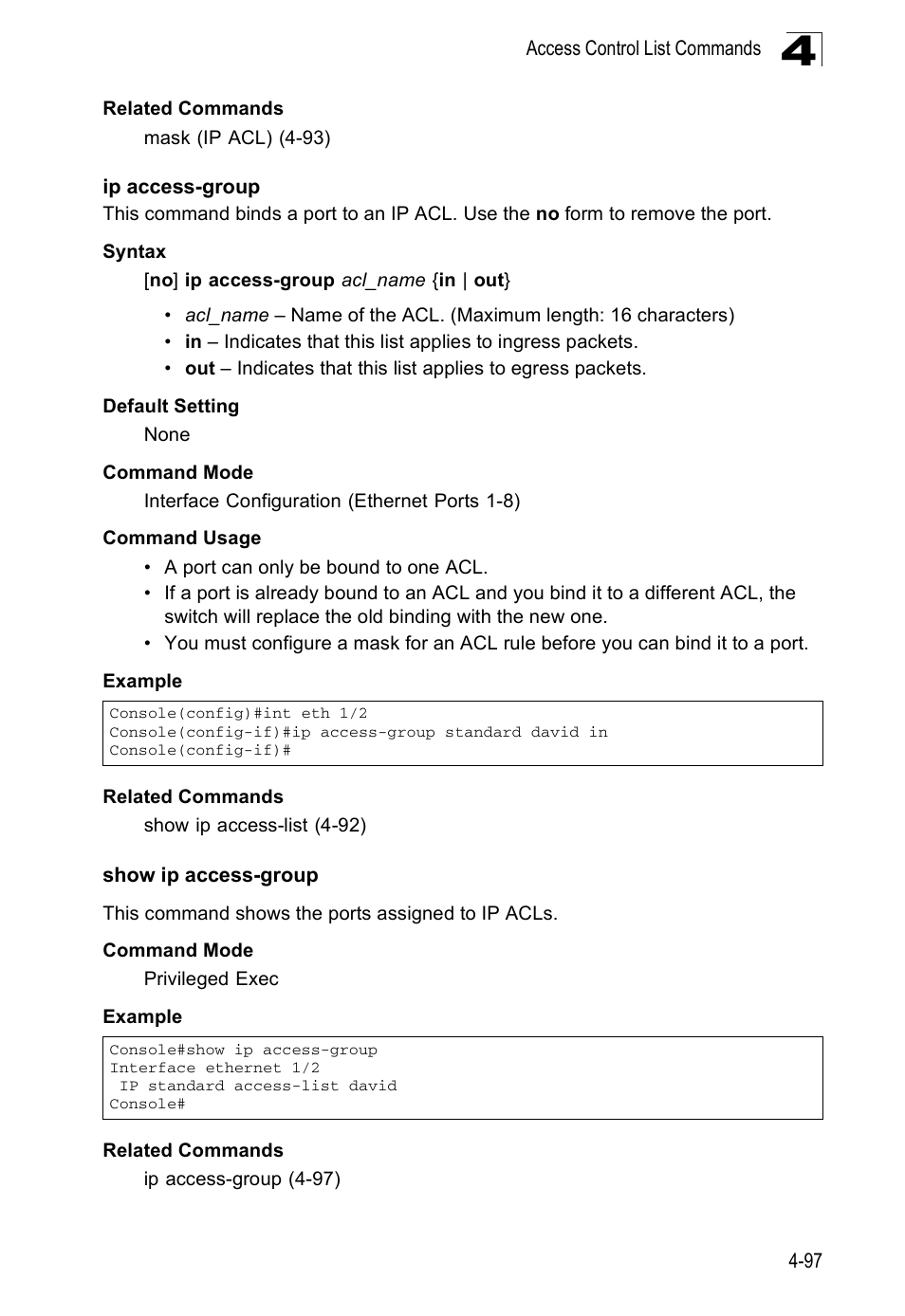 Ip access-group, Show ip access-group, Ip access-group (4-97) | Accton Technology ES5508 User Manual | Page 309 / 446