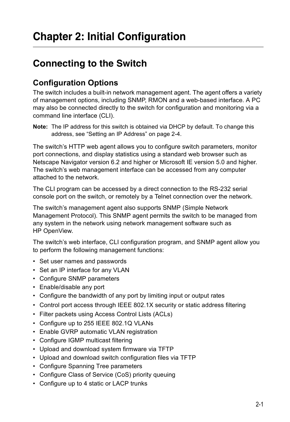 Chapter 2: initial configuration, Connecting to the switch, Configuration options | Accton Technology ES5508 User Manual | Page 31 / 446