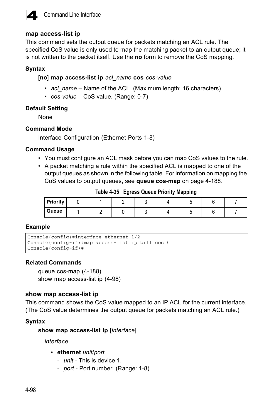 Map access-list ip, Show map access-list ip, Table 4-35 | Egress queue priority mapping | Accton Technology ES5508 User Manual | Page 310 / 446