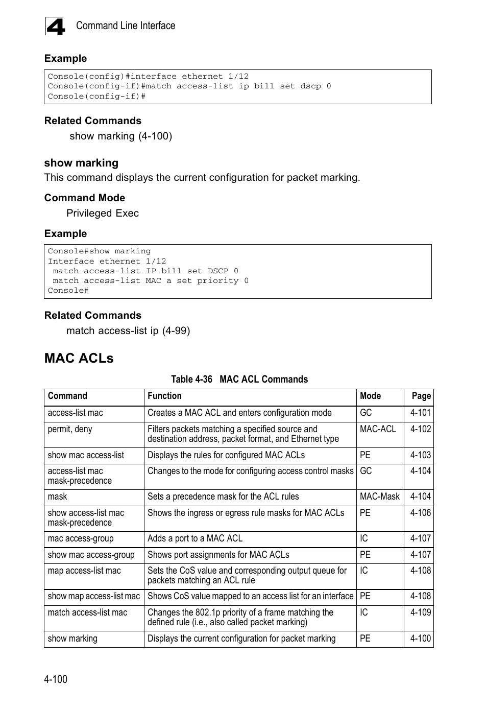 Show marking, Mac acls, Table 4-36 | Mac acl commands | Accton Technology ES5508 User Manual | Page 312 / 446