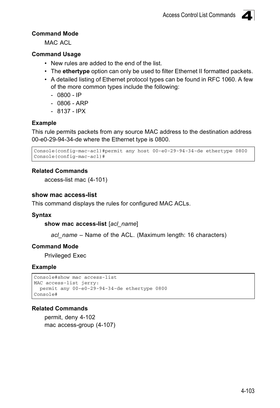 Show mac access-list | Accton Technology ES5508 User Manual | Page 315 / 446