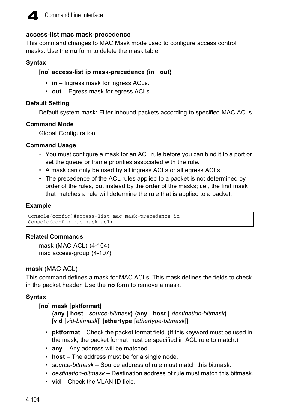 Access-list mac mask-precedence, Mask (mac acl) | Accton Technology ES5508 User Manual | Page 316 / 446