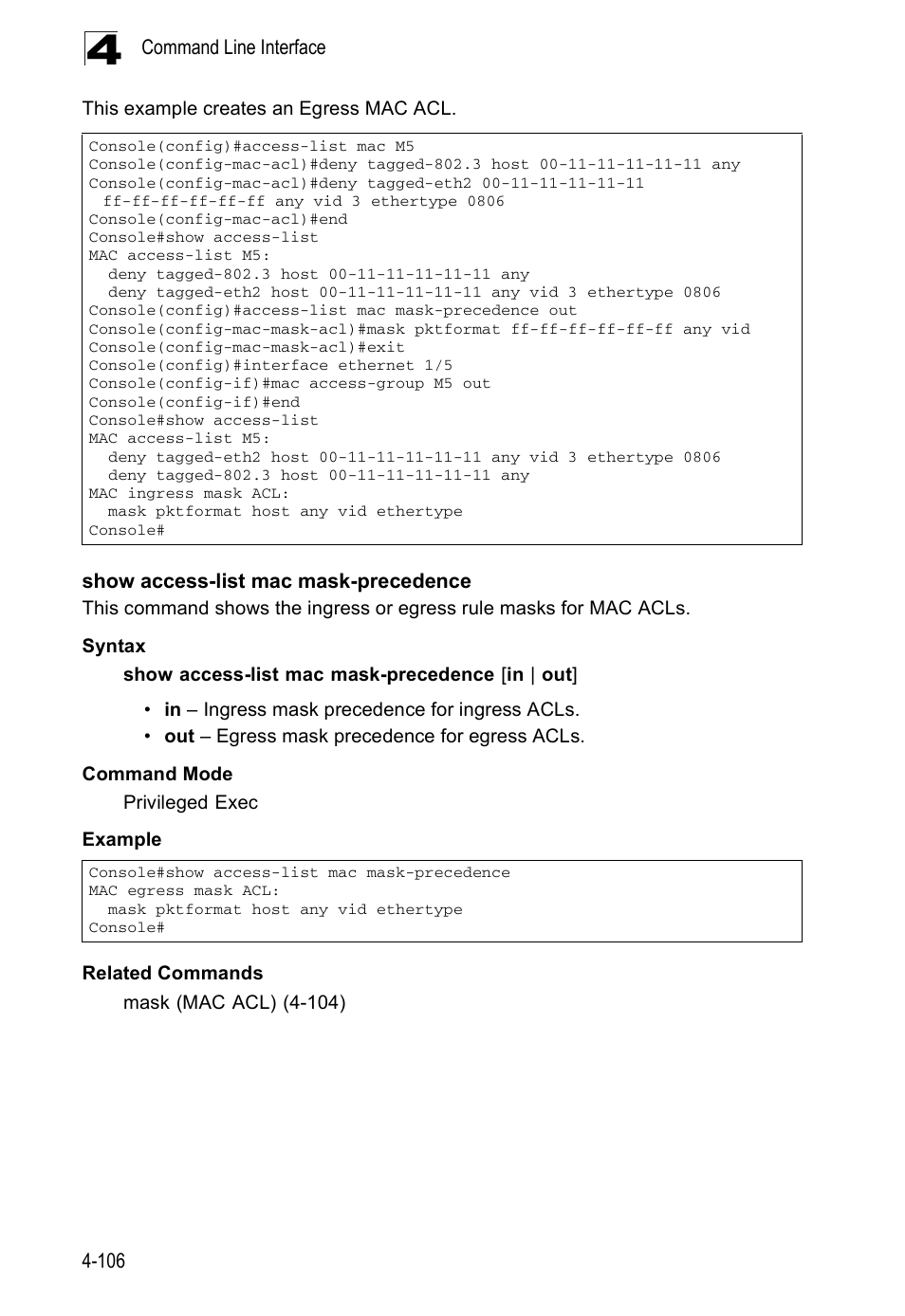 Show access-list mac mask-precedence | Accton Technology ES5508 User Manual | Page 318 / 446