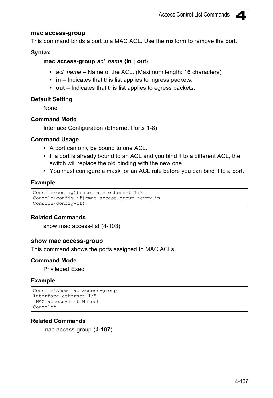 Mac access-group, Show mac access-group | Accton Technology ES5508 User Manual | Page 319 / 446