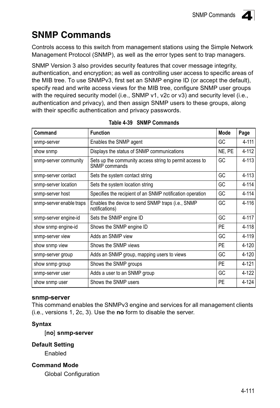 Snmp commands, Snmp-server, Snmp-server 4-111 | Table 4-39 | Accton Technology ES5508 User Manual | Page 323 / 446