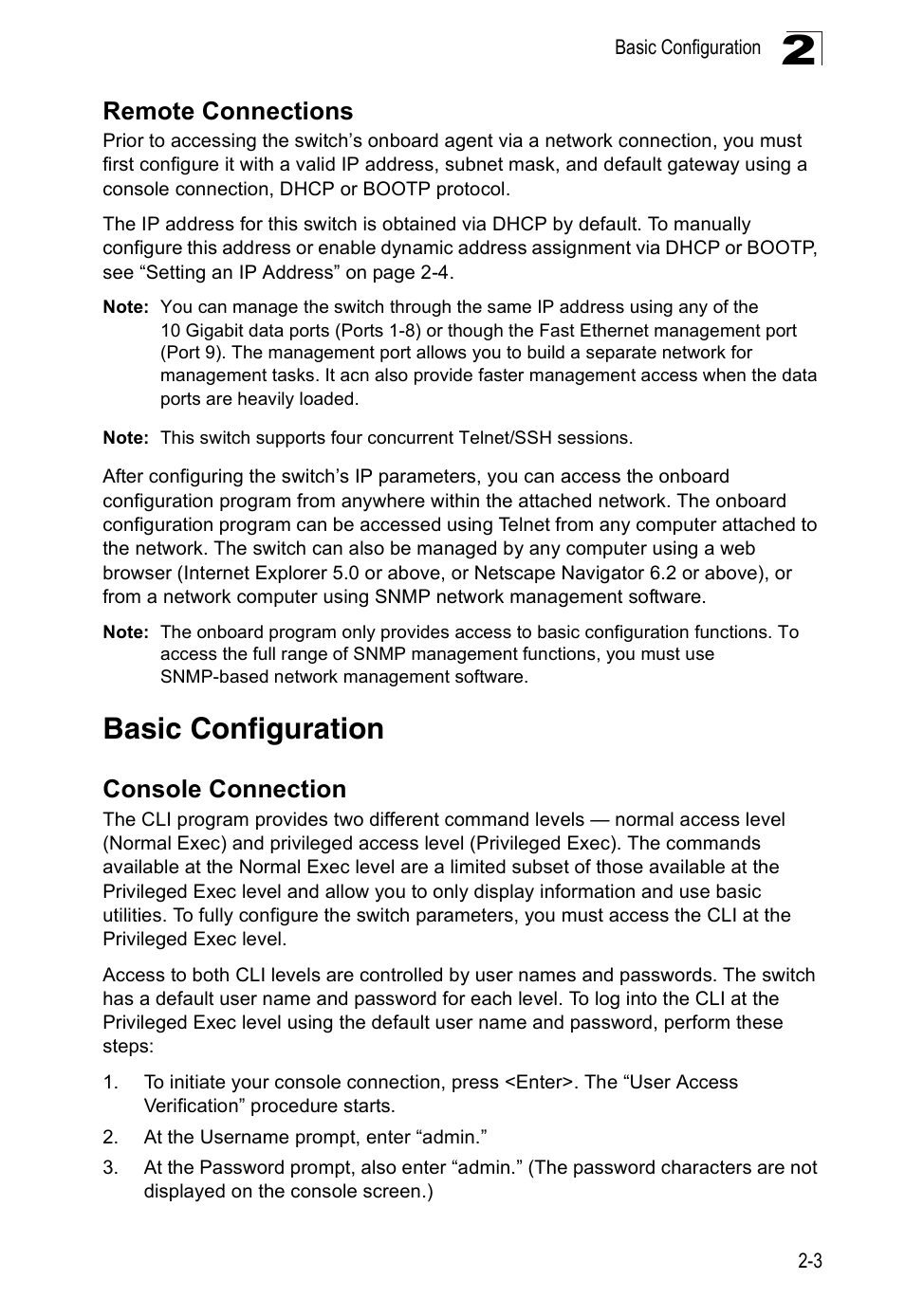 Remote connections, Basic configuration, Console connection | Accton Technology ES5508 User Manual | Page 33 / 446