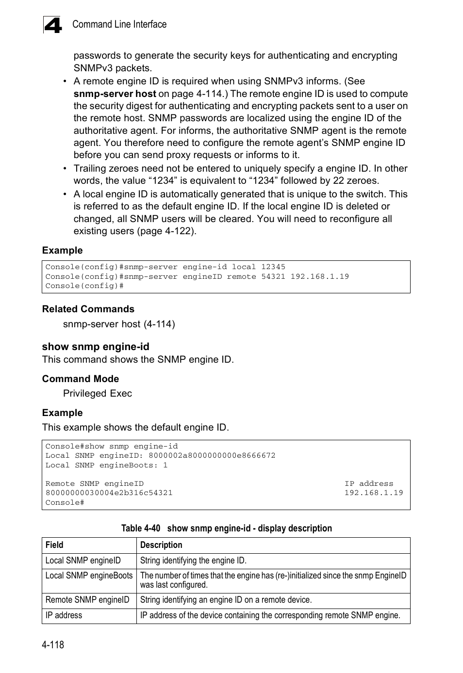 Show snmp engine-id, Table 4-40, Show snmp engine-id - display description | Accton Technology ES5508 User Manual | Page 330 / 446