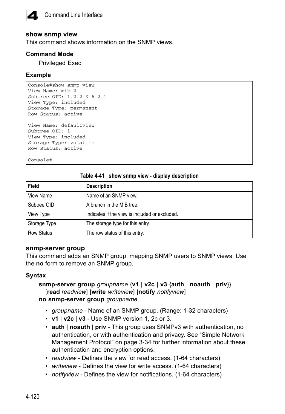 Show snmp view, Snmp-server group, Table 4-41 | Show snmp view - display description | Accton Technology ES5508 User Manual | Page 332 / 446