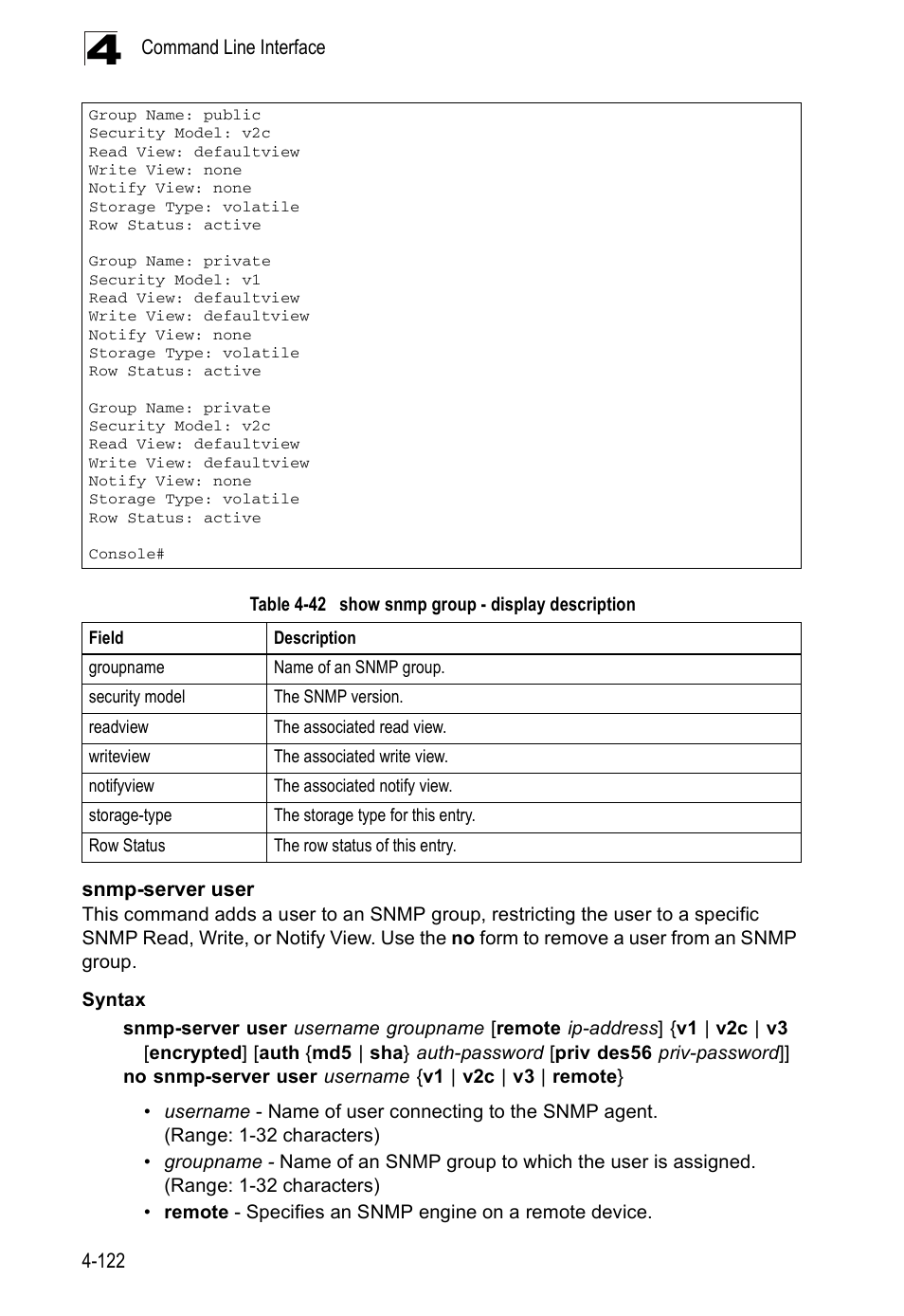 Snmp-server user, Table 4-42, Show snmp group - display description | Accton Technology ES5508 User Manual | Page 334 / 446