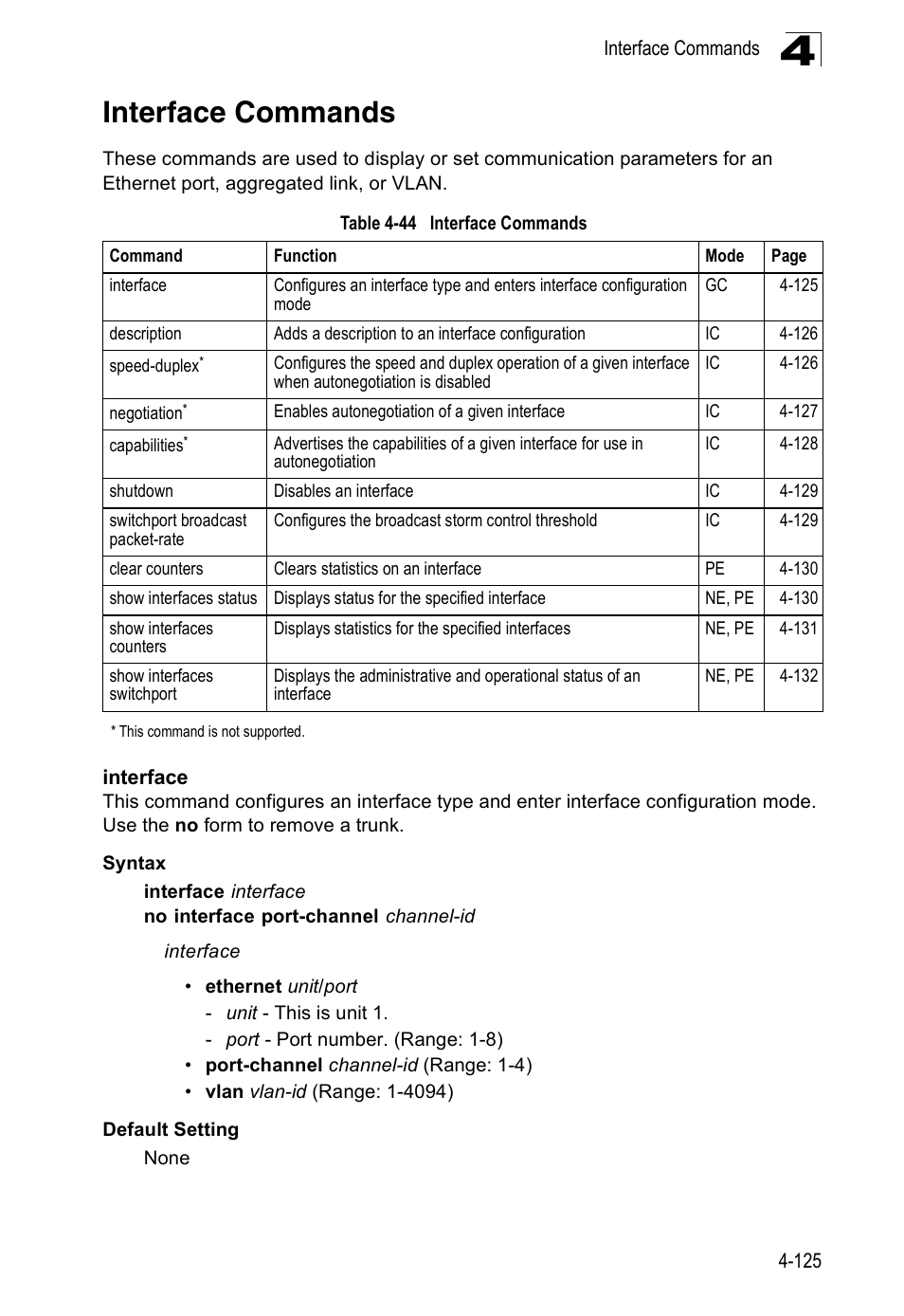 Interface commands, Interface, Interface 4-125 | Table 4-44 | Accton Technology ES5508 User Manual | Page 337 / 446