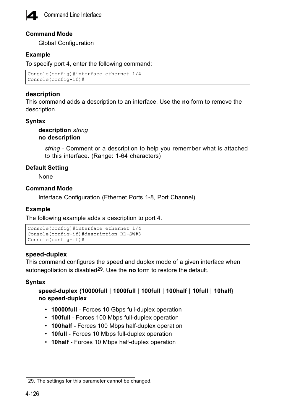 Description, Speed-duplex, Description 4-126 speed-duplex 4-126 | Accton Technology ES5508 User Manual | Page 338 / 446