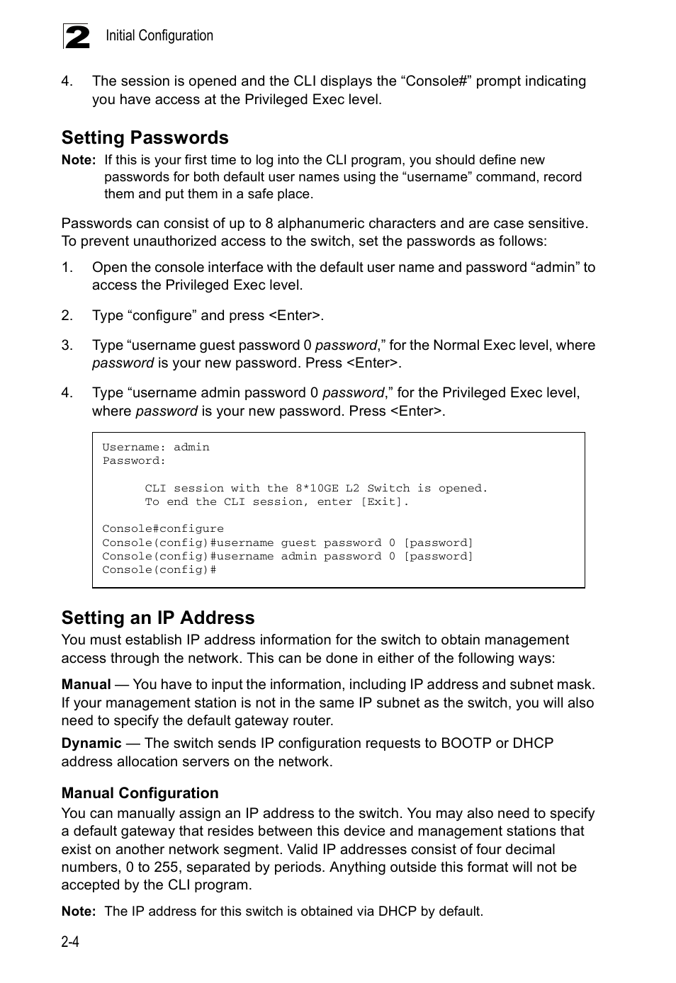 Setting passwords, Setting an ip address, Manual configuration | Accton Technology ES5508 User Manual | Page 34 / 446