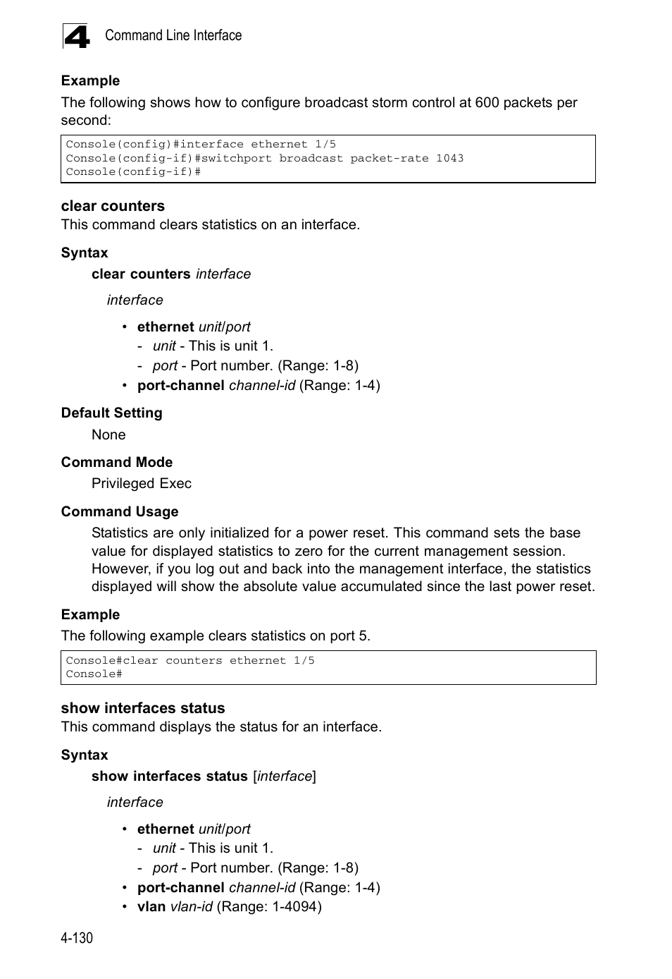 Clear counters, Show interfaces status | Accton Technology ES5508 User Manual | Page 342 / 446